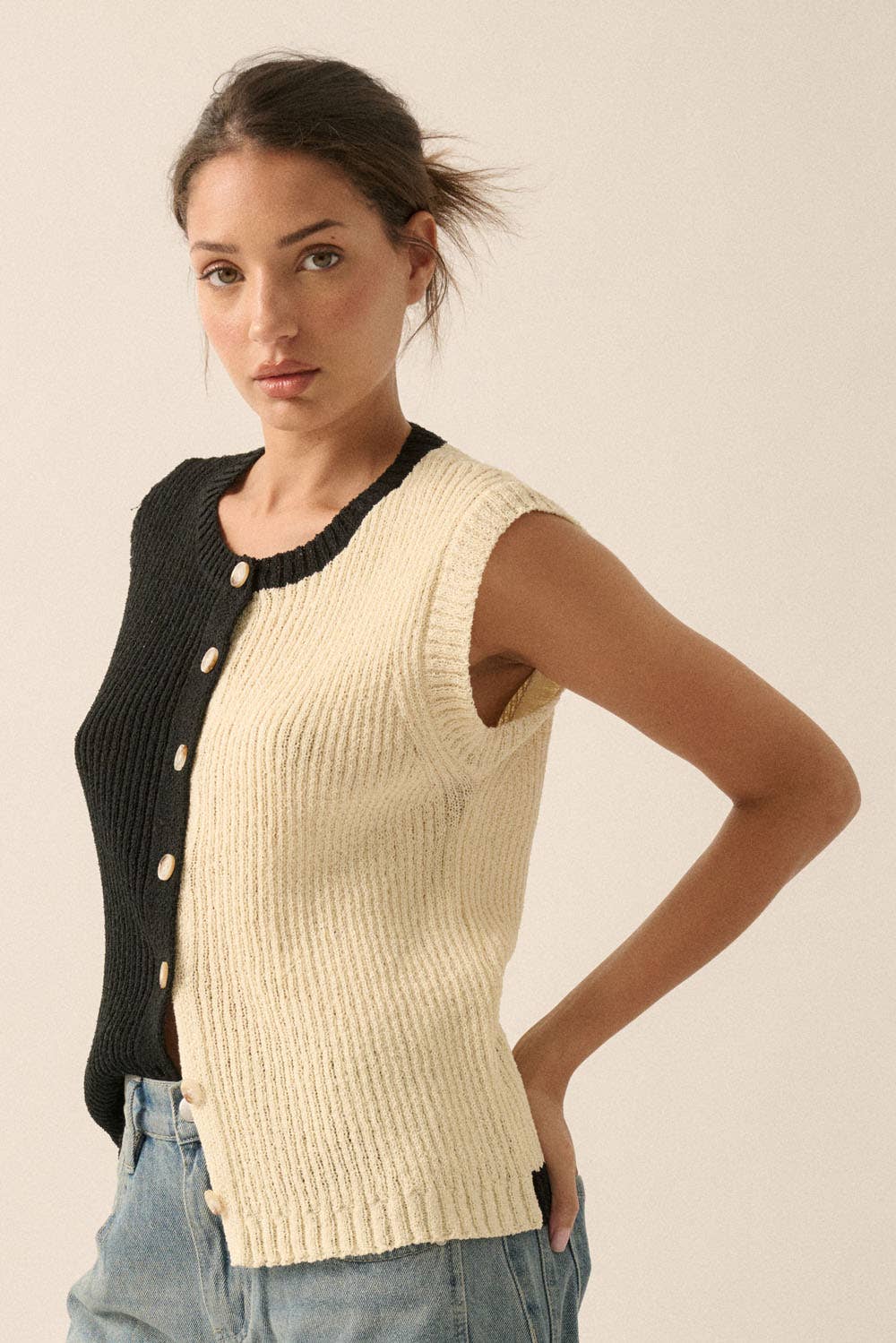 Colorblock Knit Button-Front Sweater Vest