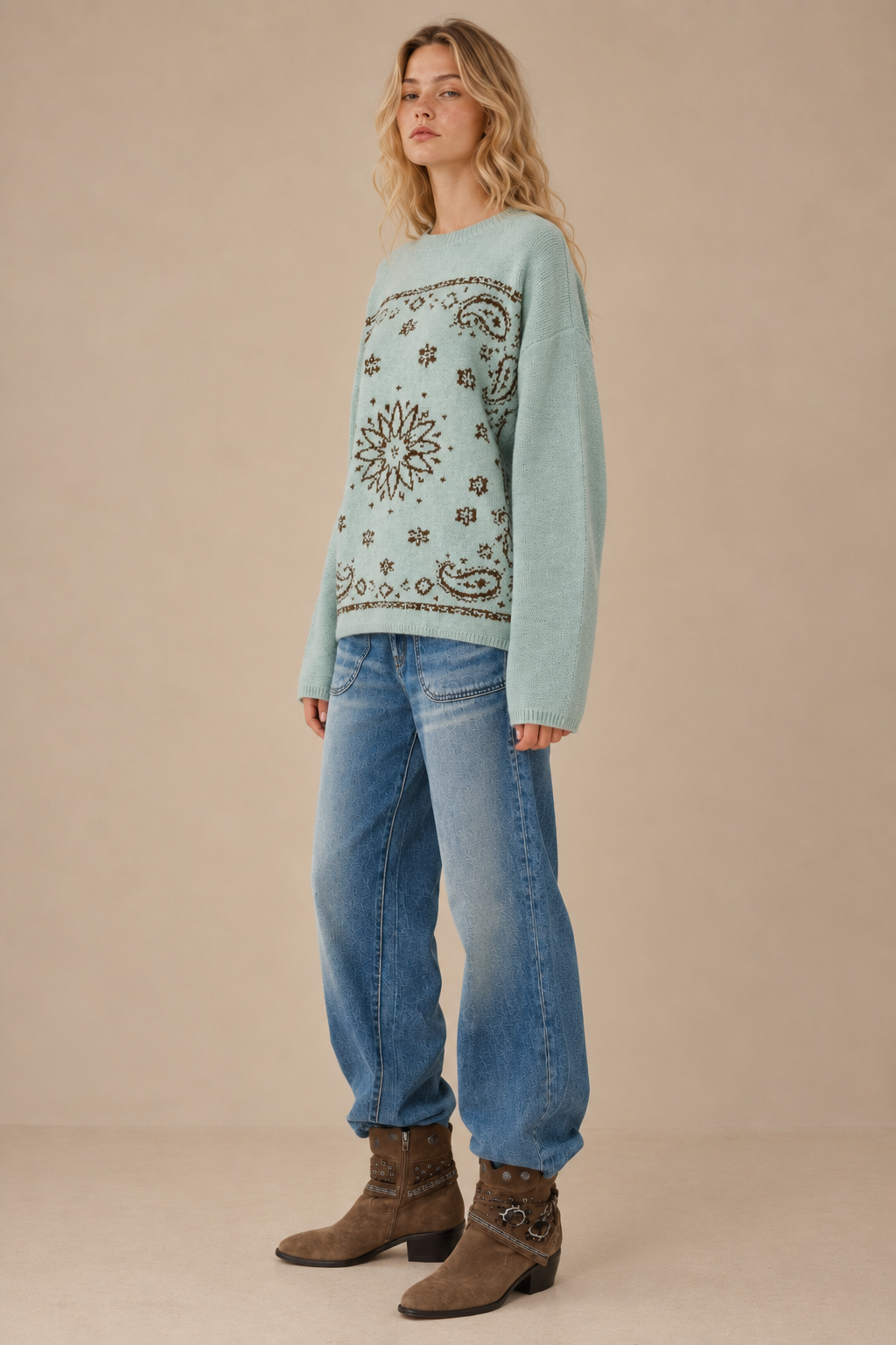 SPICE ALLEY - SA10162T - Western Bandana Jacquard Crewneck Sweater