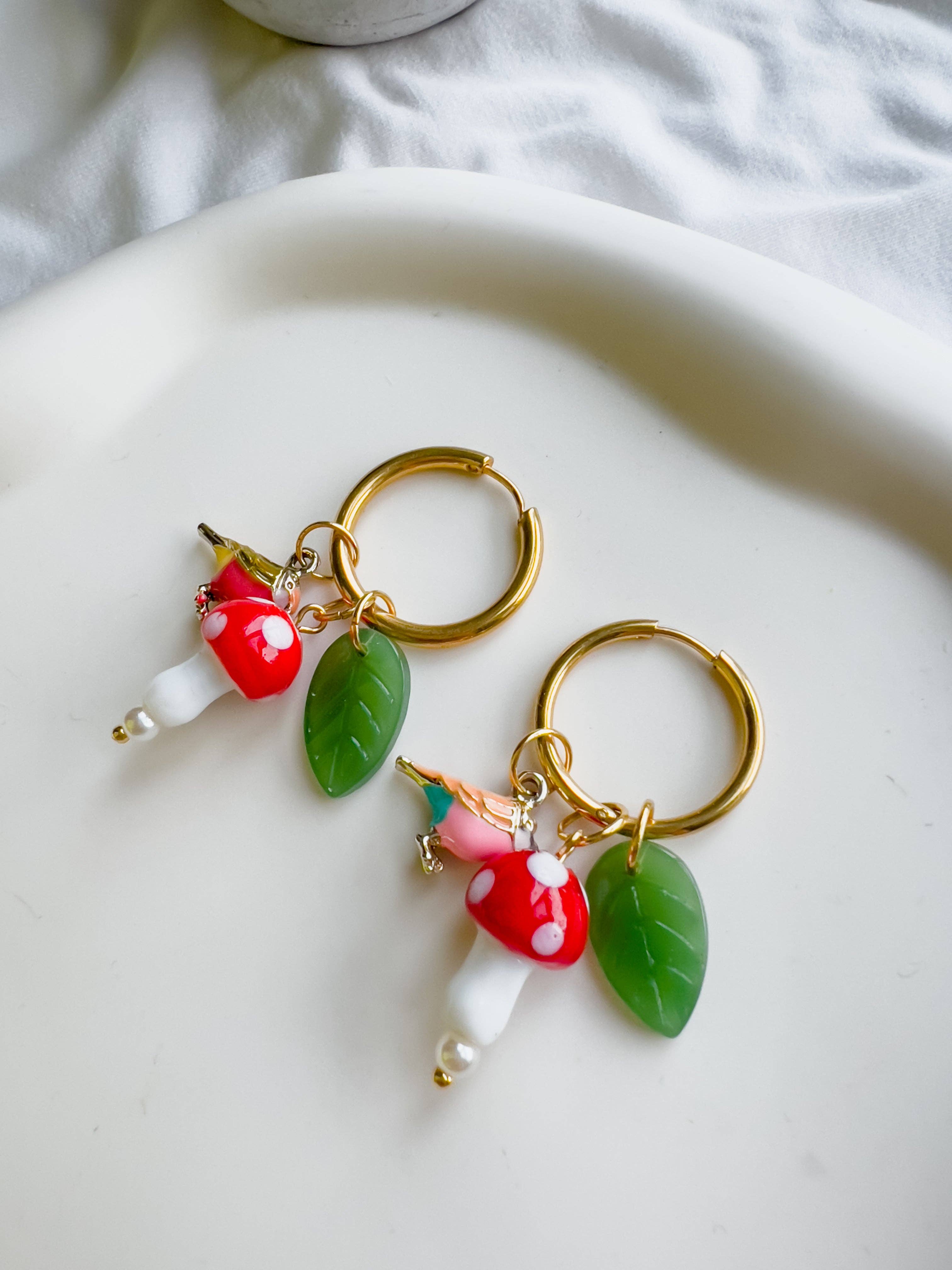 Yellow Dots Studio - Birds and Mushrooms Earrings | Glass Bead Earrings