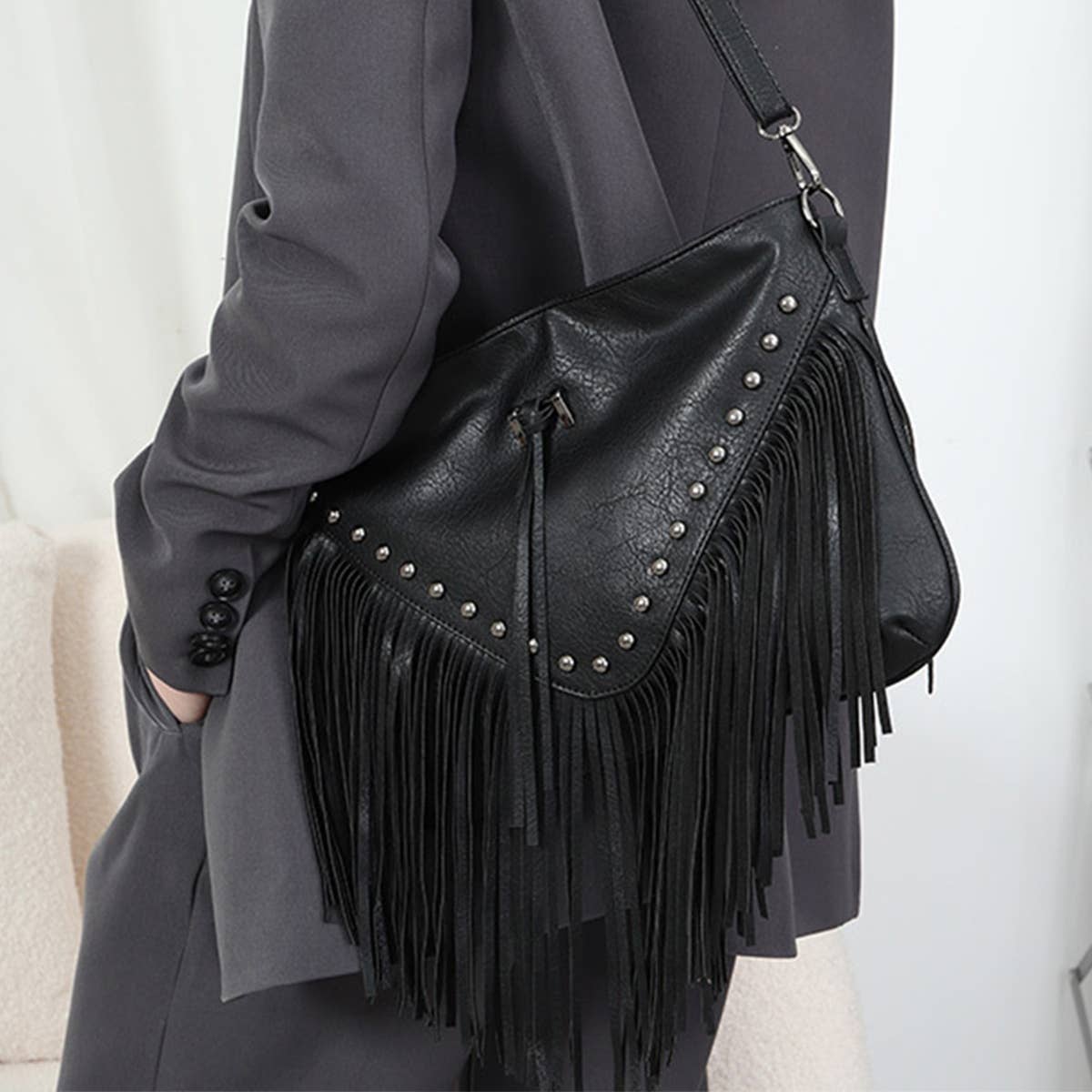 RIVET SOFT PU LEATHER TASSEL SHOULDER BAG