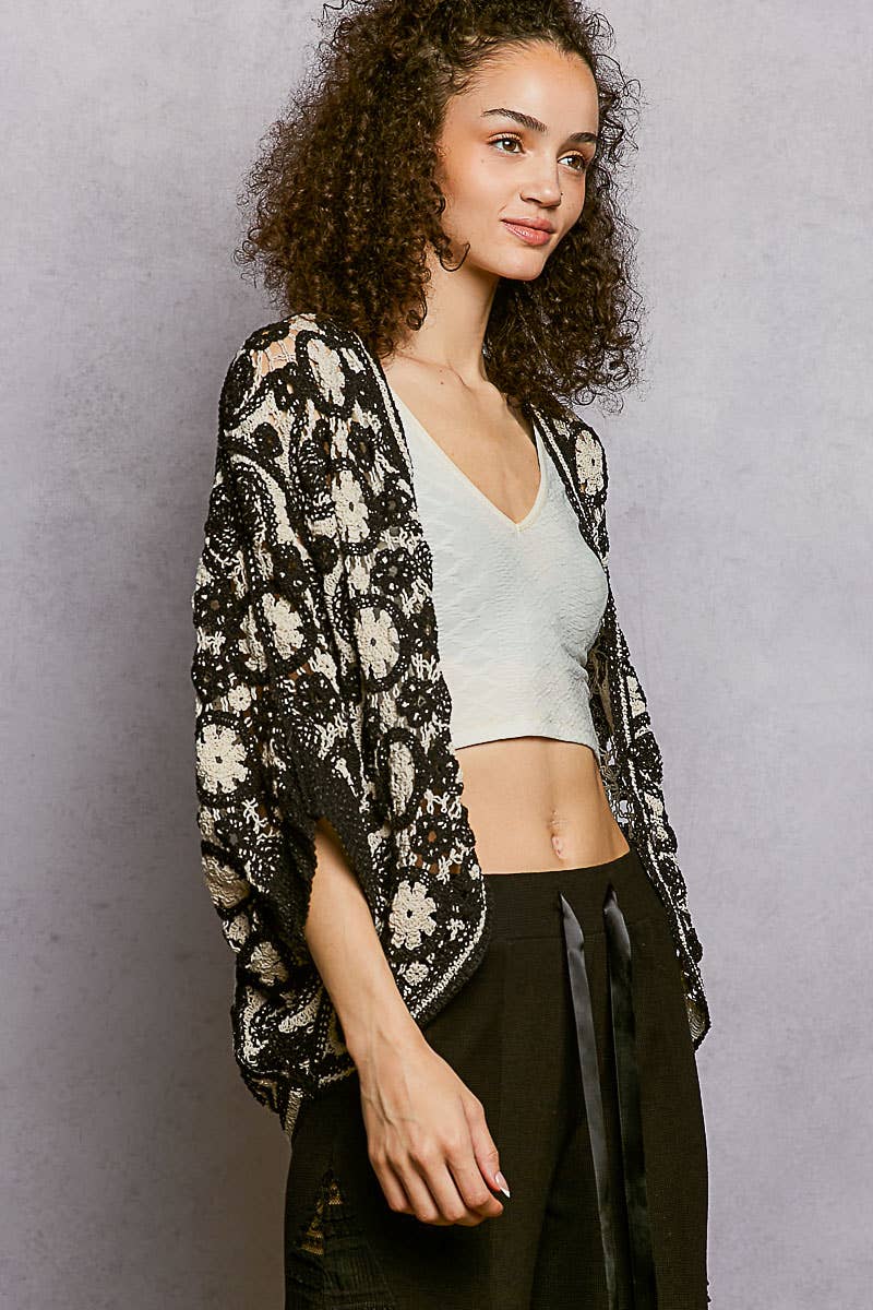 Pol Clothing - V-Neck Button Down Crochet Batwing Sleeve Cardigan Top
