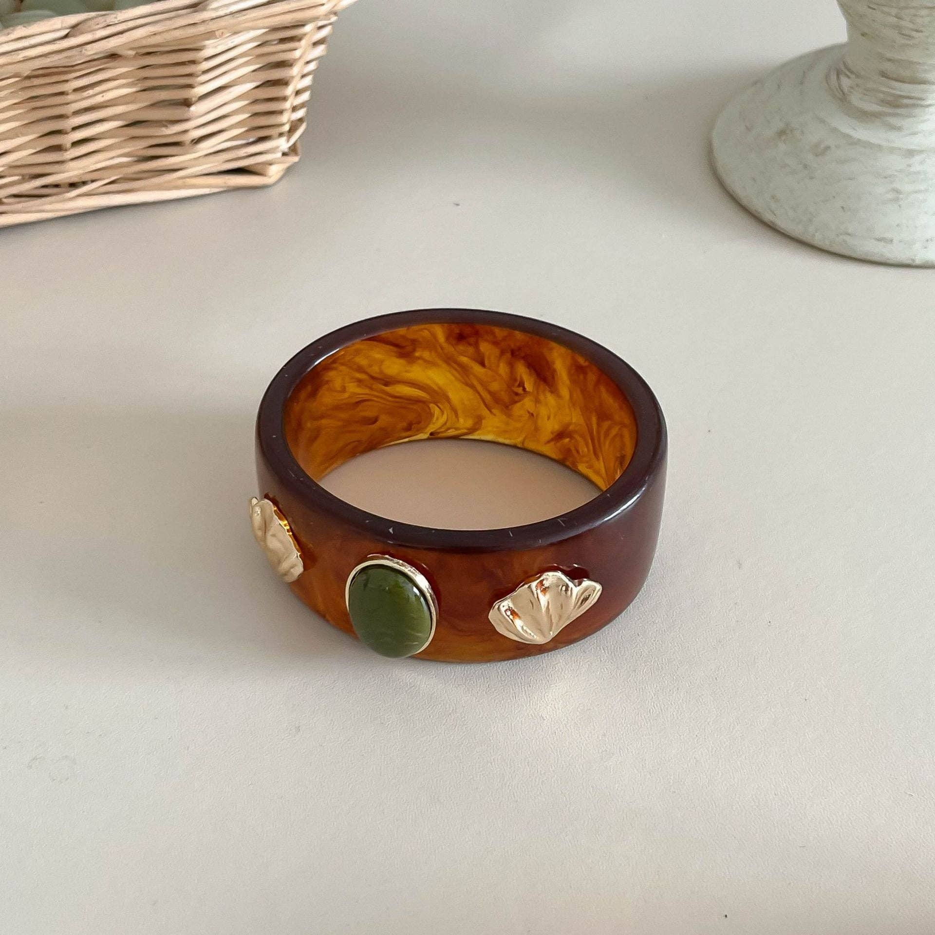 Dipped Shop - Vinatge Shell Bead Geometric Wide Bangle Bracelet MK2PPPO6W6JBR130