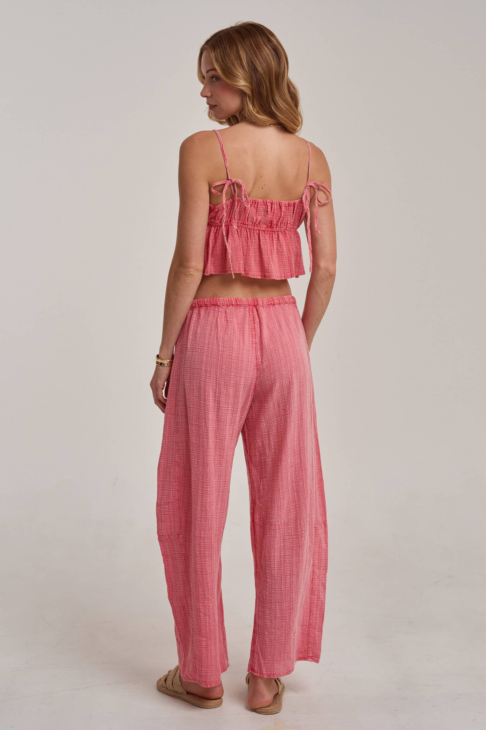 BON - MINERAL WASHED GAUZE CAMI TOP AND BARREL PANTS CASUAL SET