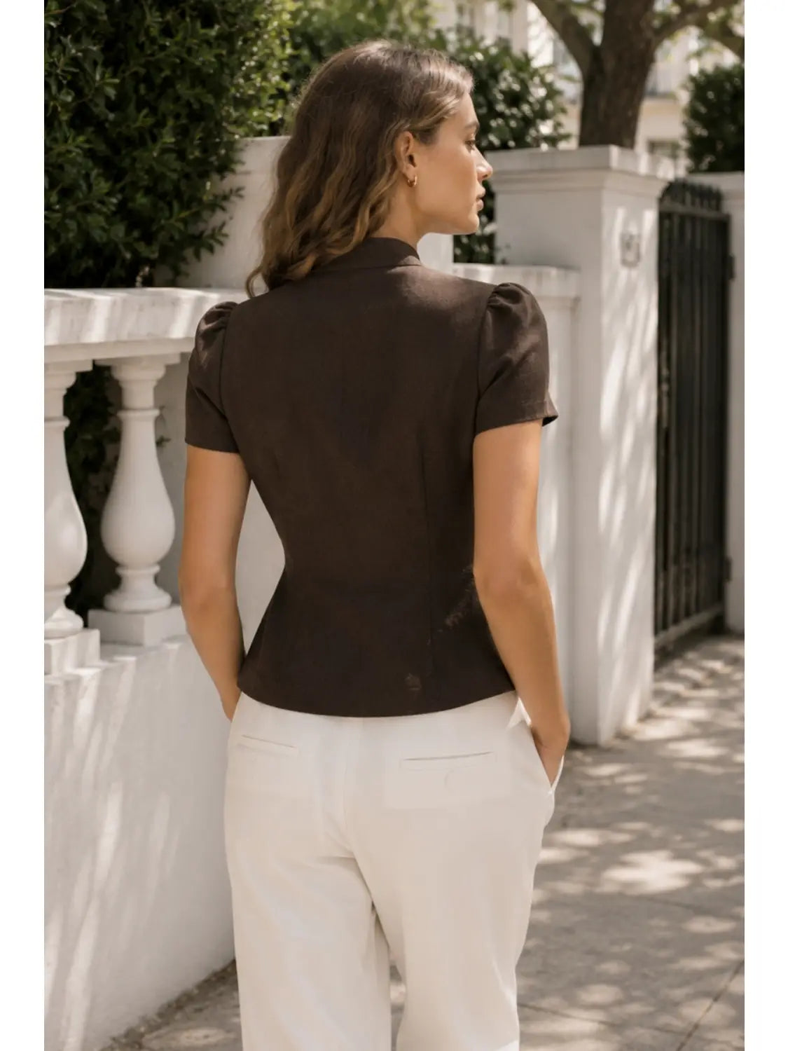 Linen Frog Clasp Shirred Top
