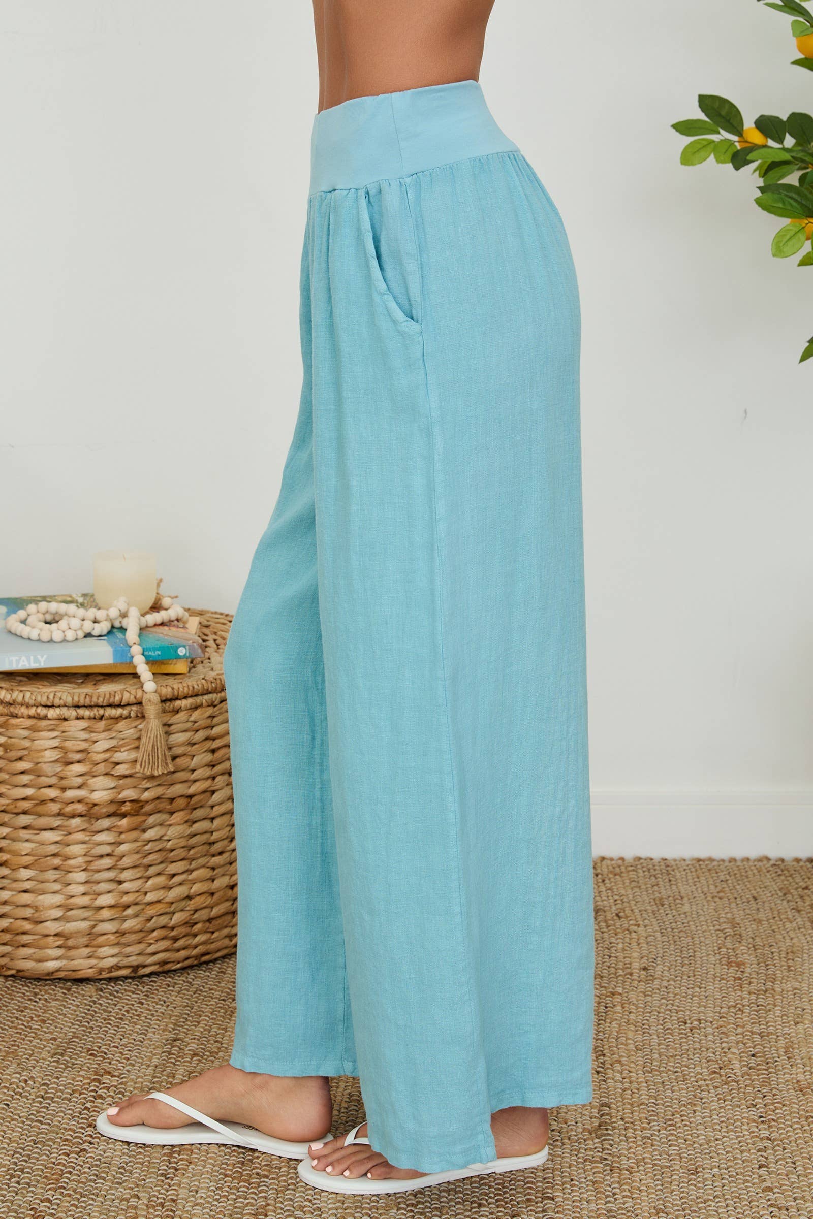 MILIO MILANO - WAISTBAND WIDE LEG LINEN PANTS WITH POCKET