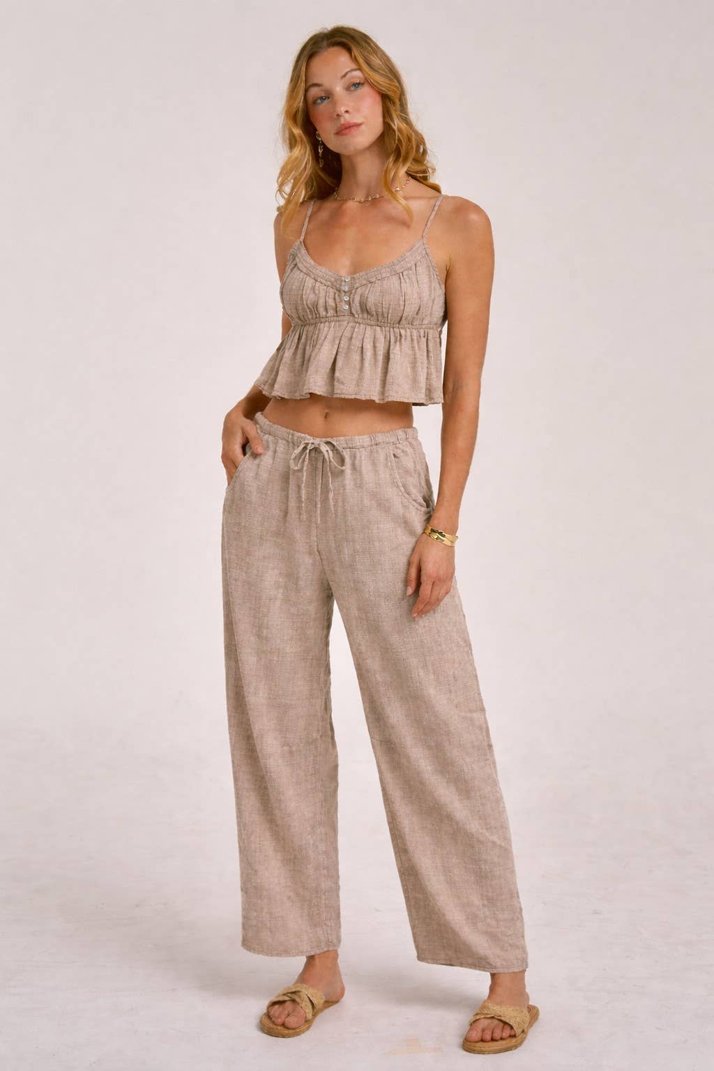 BON - MINERAL WASHED GAUZE CAMI TOP AND BARREL PANTS CASUAL SET