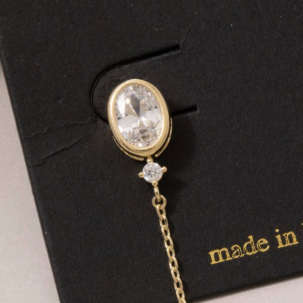 Fame Accessories - Oval Cz Bezel Stud With Long Chain Tassel Drop Earrings