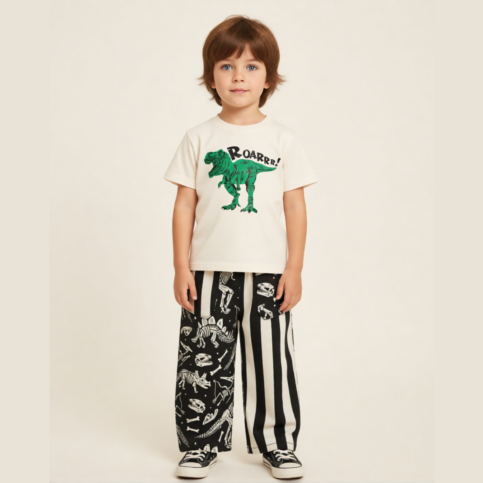 Best Day Ever Kids - Kids Patchwork Dino Pant - Mixed Up Baggy Pant - Bone Yard