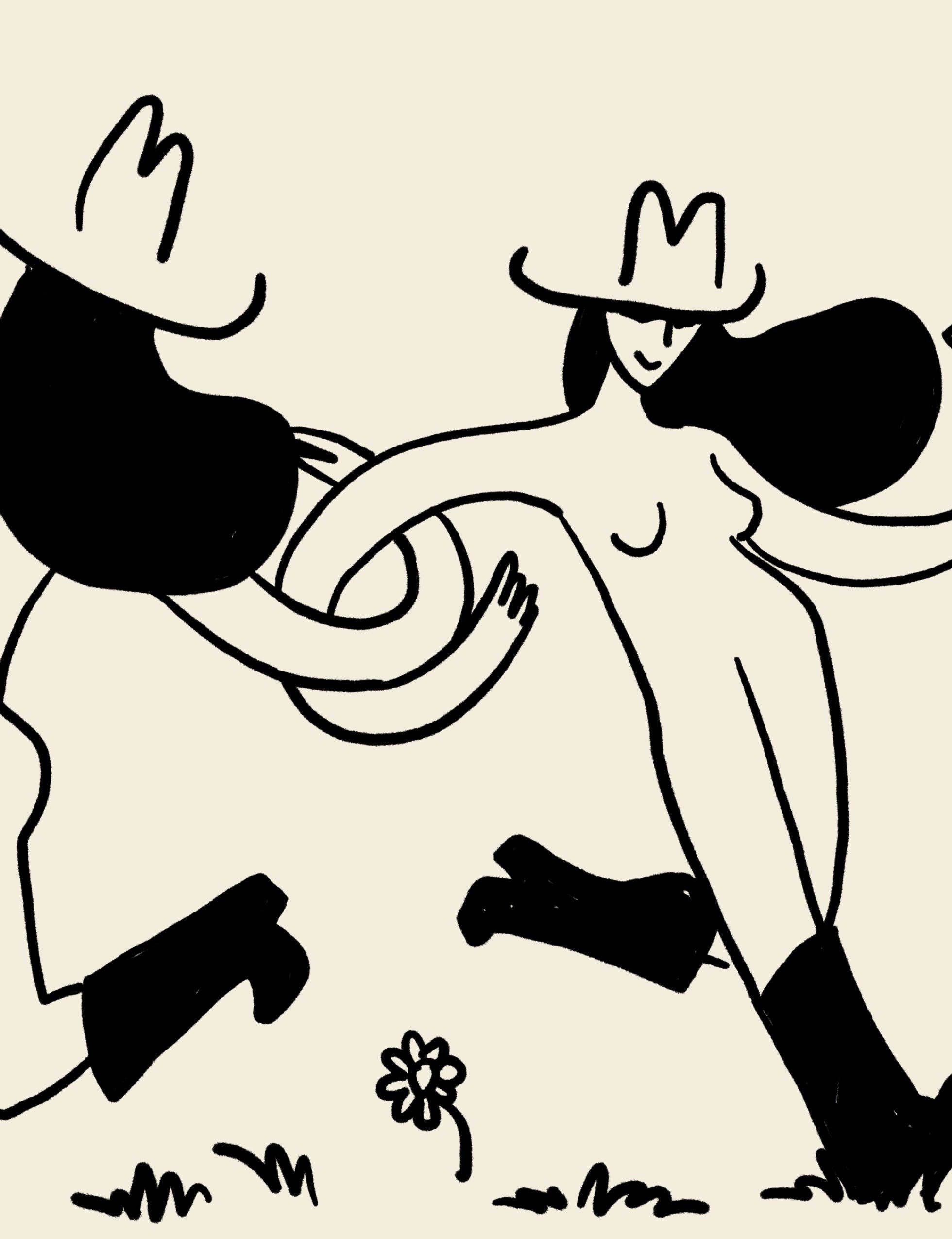 Tumbleweed Design Studio - Frolicking Cowgirls With Wine Minimal Western Art Print