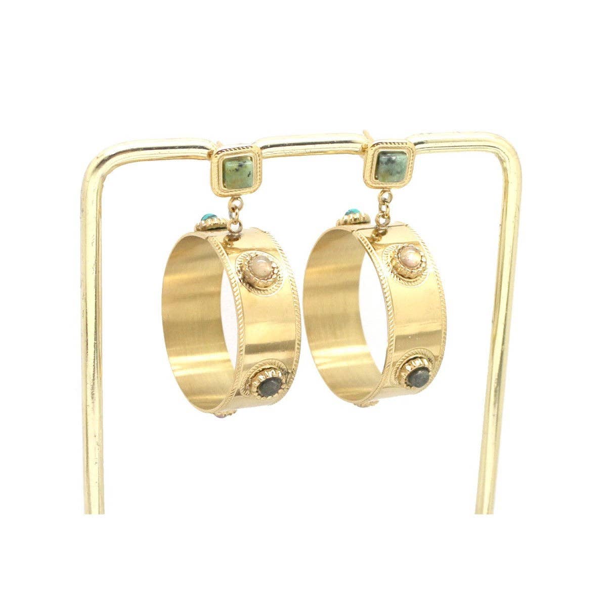 LIZOU - Semi Precious Stones on Wide Hoop Dangle Earrings