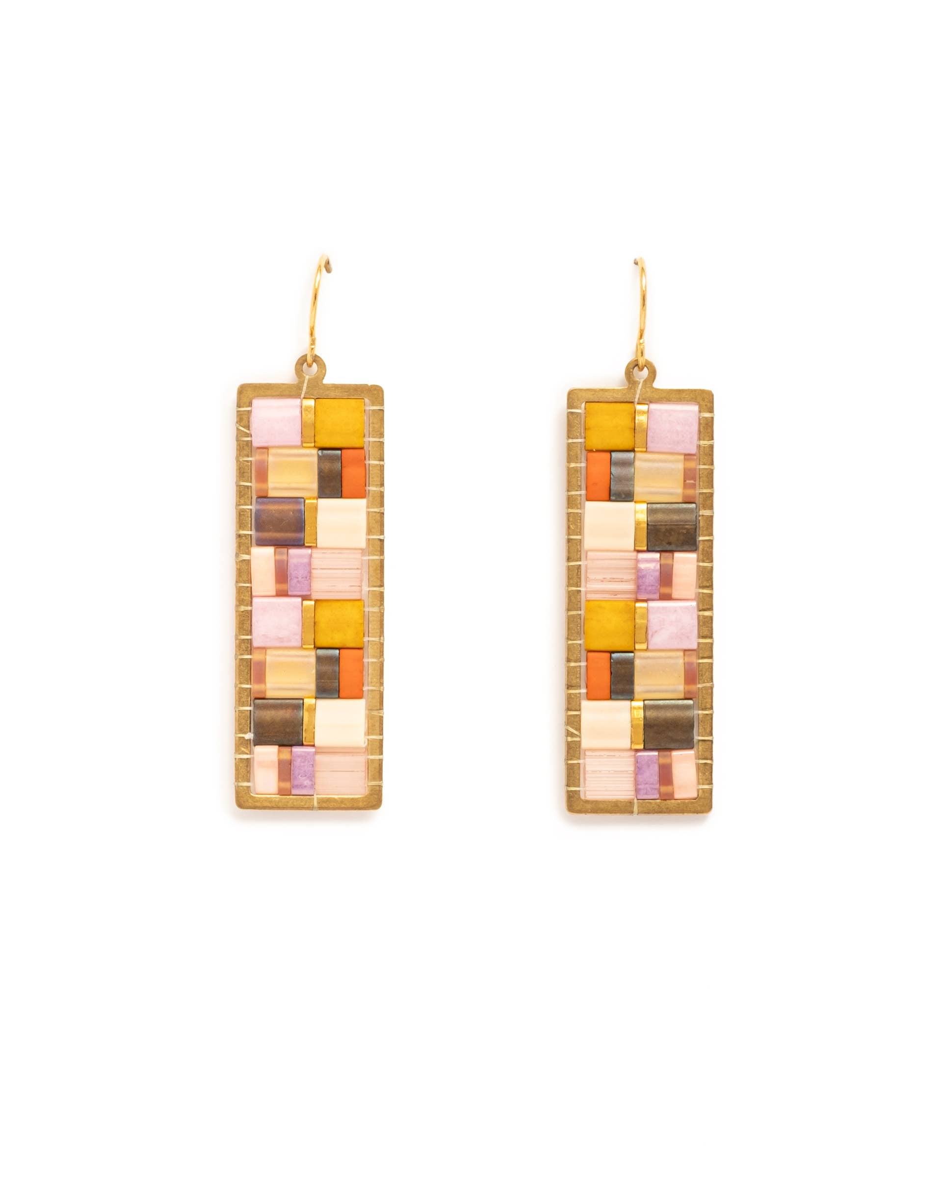 Mayana Designs Co - Beaded Handwoven Mosaic Tila and Brass Earrings (Aqua/Red)
