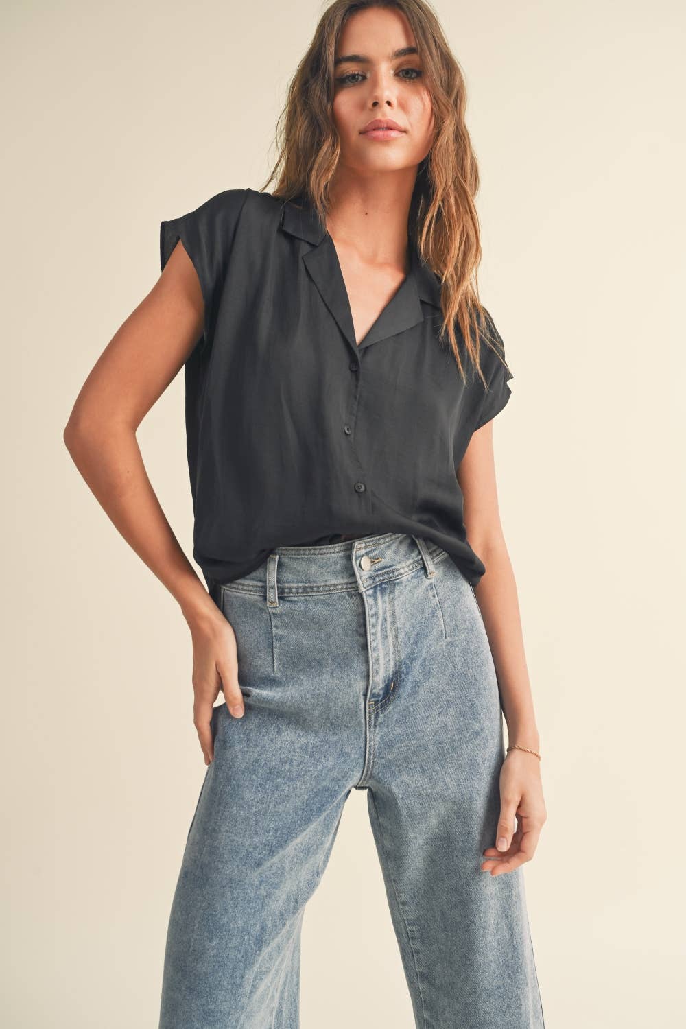 MIOU MUSE BUTTON DOWN CAP SLEEVE SHIRTS