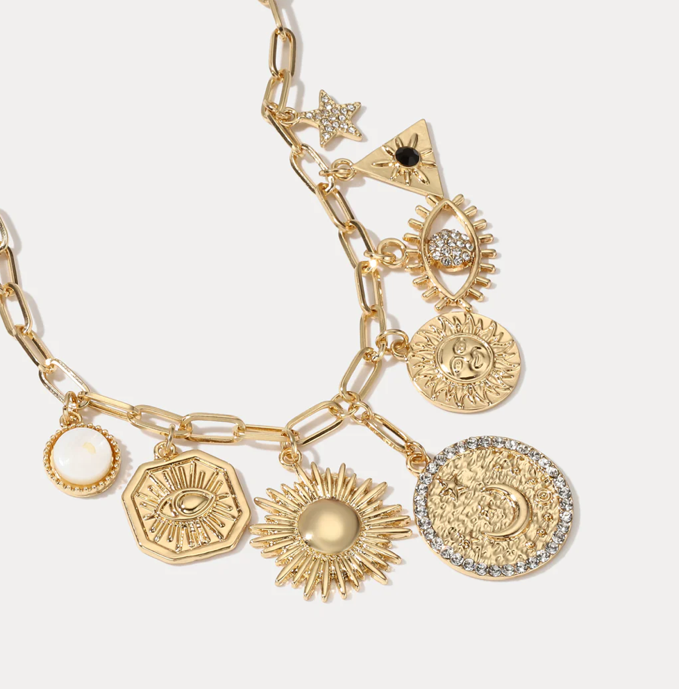 HoopLa - Celestial Coin and Charm Necklace Moon and Sun Charms