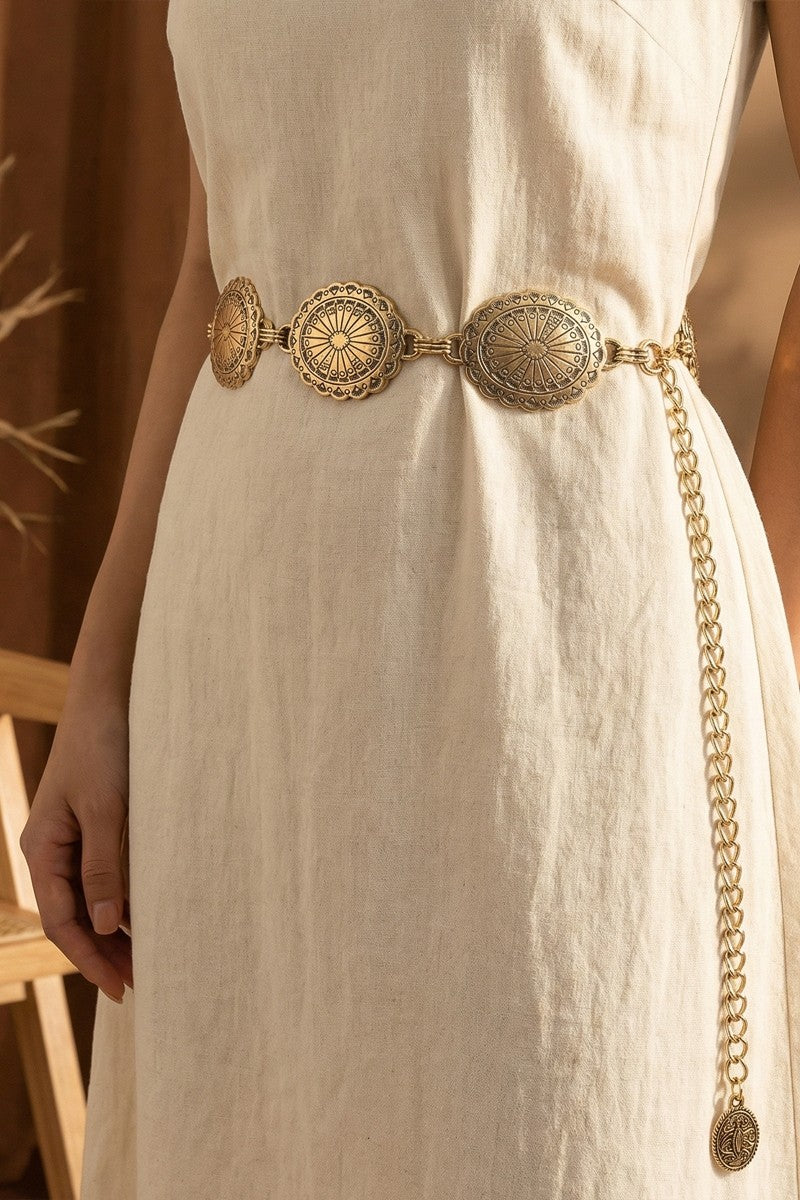 Ornate Oval Western Concho Disc Chain Belt
