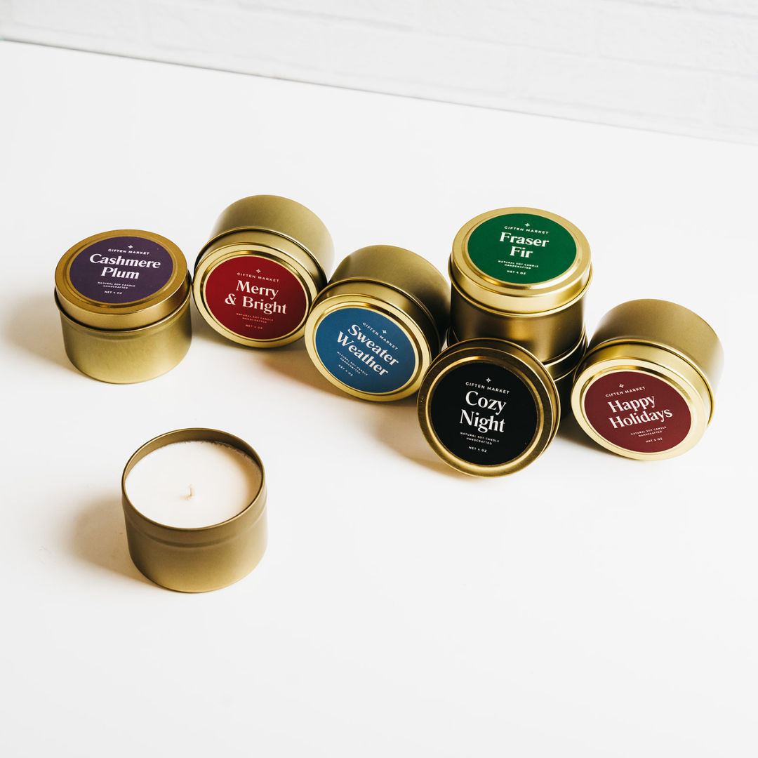 Giften Market - Fraser Fir Soy Candle - 4 oz Gold Travel Tin - Holiday Scent