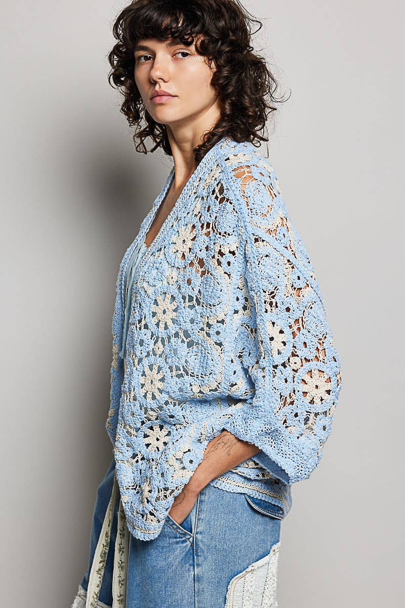 Pol Clothing - V-Neck Button Down Crochet Batwing Sleeve Cardigan Top