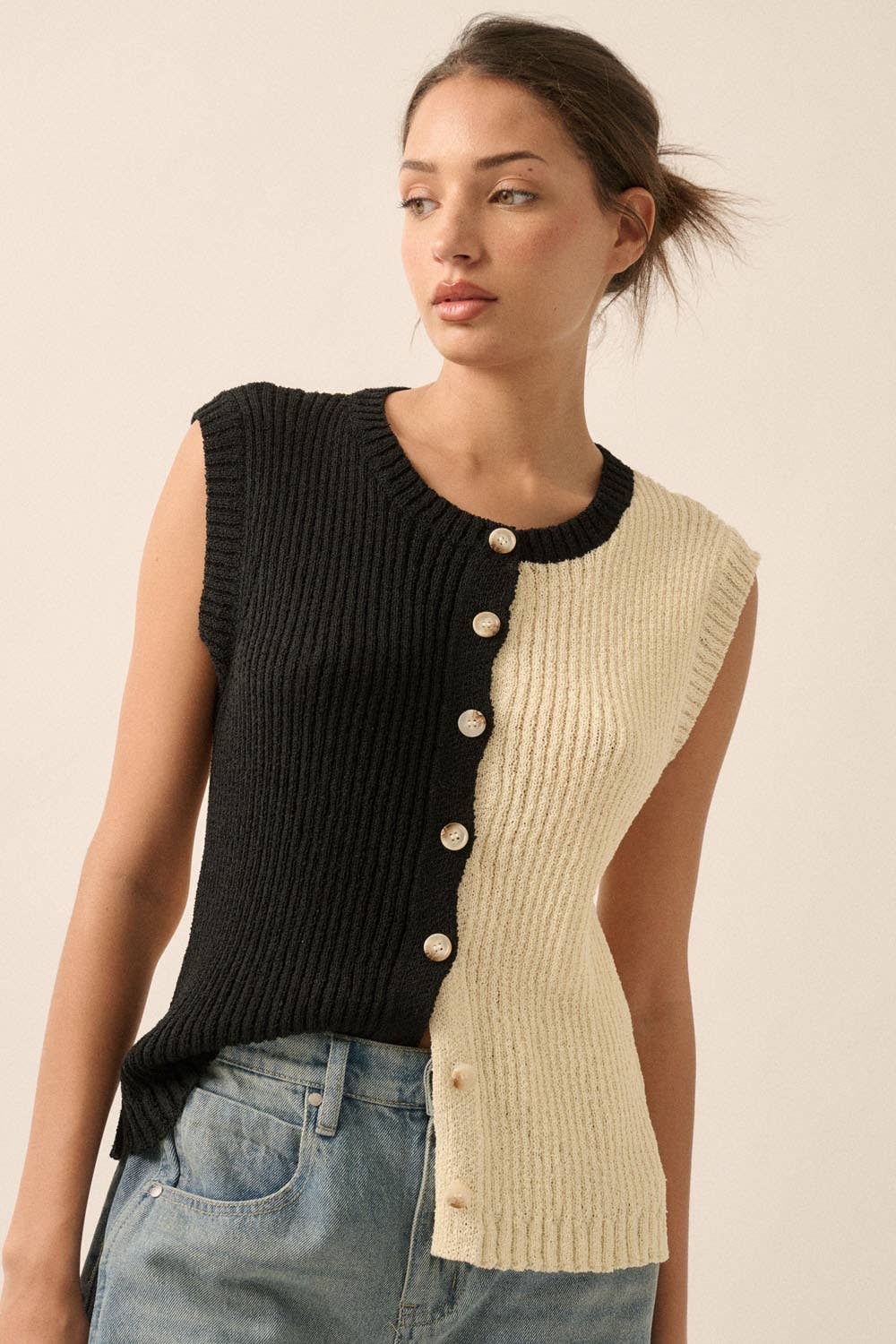 Colorblock Knit Button-Front Sweater Vest