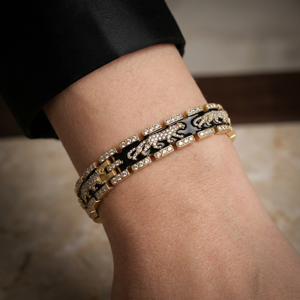 GirlyPirateCo - Vintage Gold Plated Enamel Crystals Leopard link bracelet