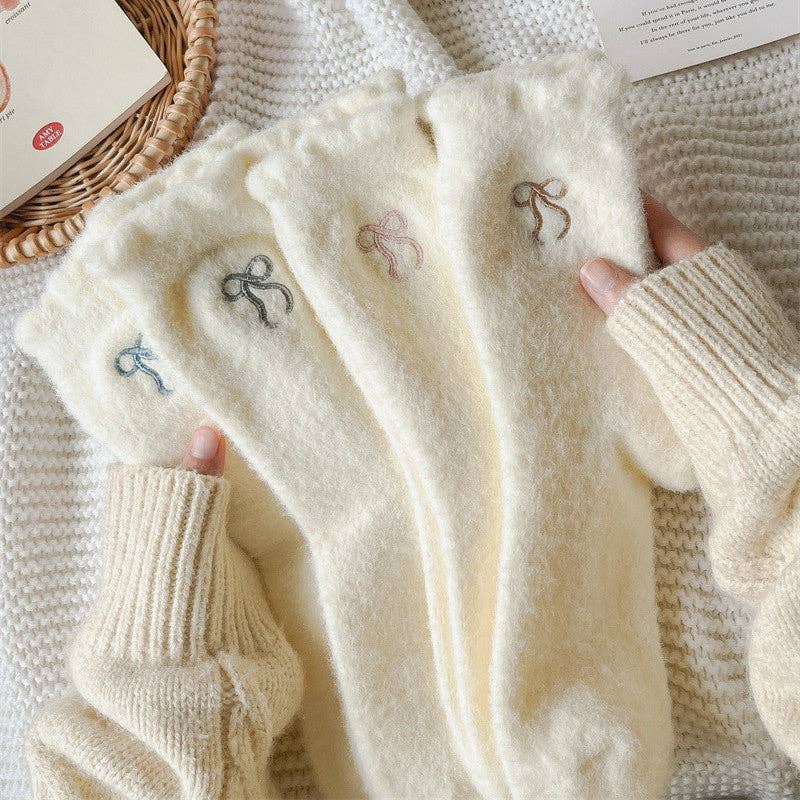 Dipped Shop - Winter Plush Solid Color Bow Embroidery Crew Socks