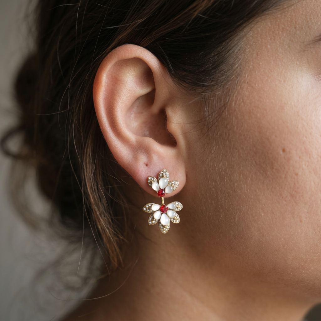 GirlyPirateCo - Vintage Gold Plated Shell&Red Crystal Flower Dangle Earrings