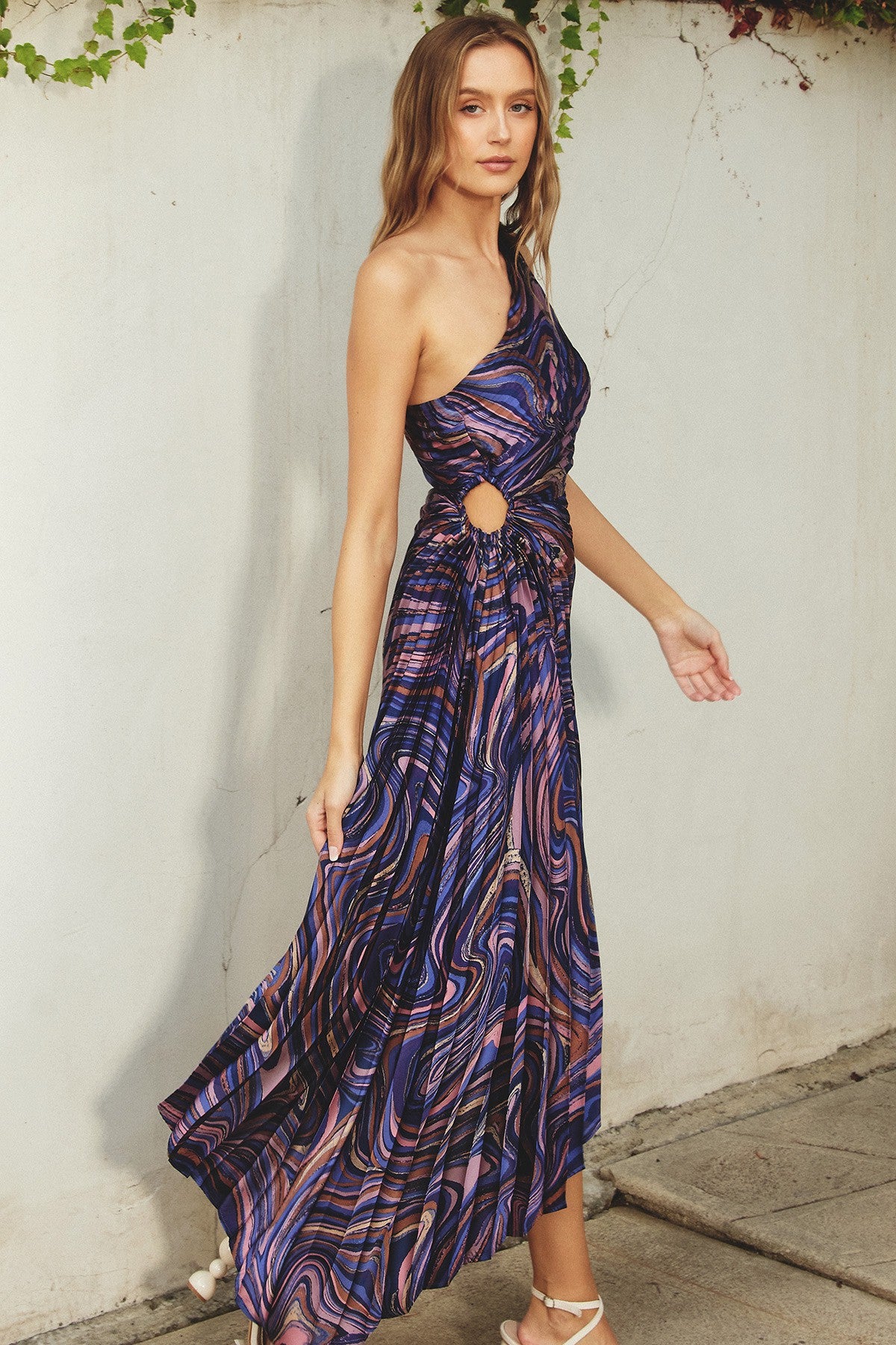 Olympia Asymmetrical Pleated Maxi Dress