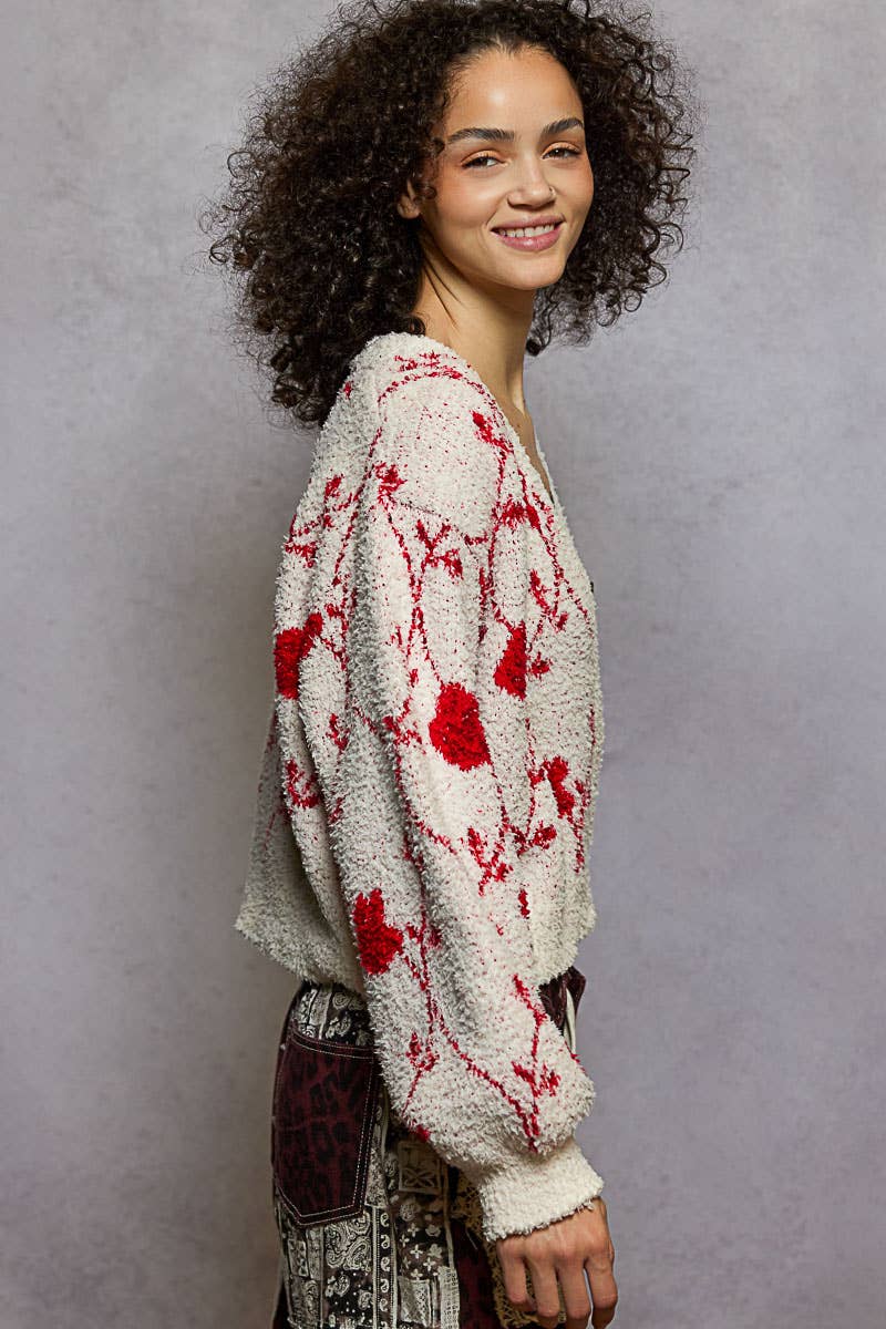 Pol Clothing - Balloon sleeve floral button Berber sweater cardigan top