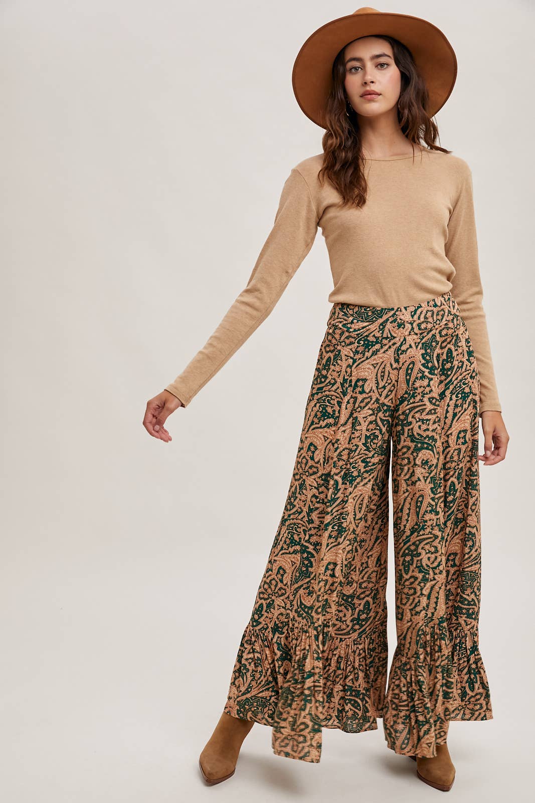 Bluivy - PAISLEY PRINT WIDE RUFFLED PANTS