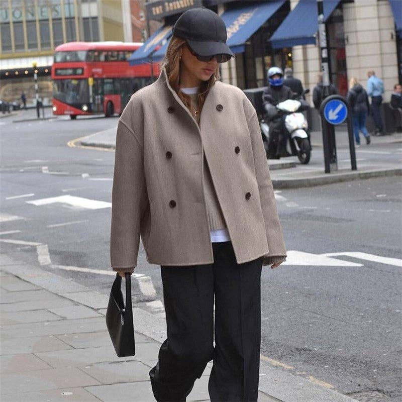 Sheer Trend - Women's V-Neck Double-Breasted Wool Coat