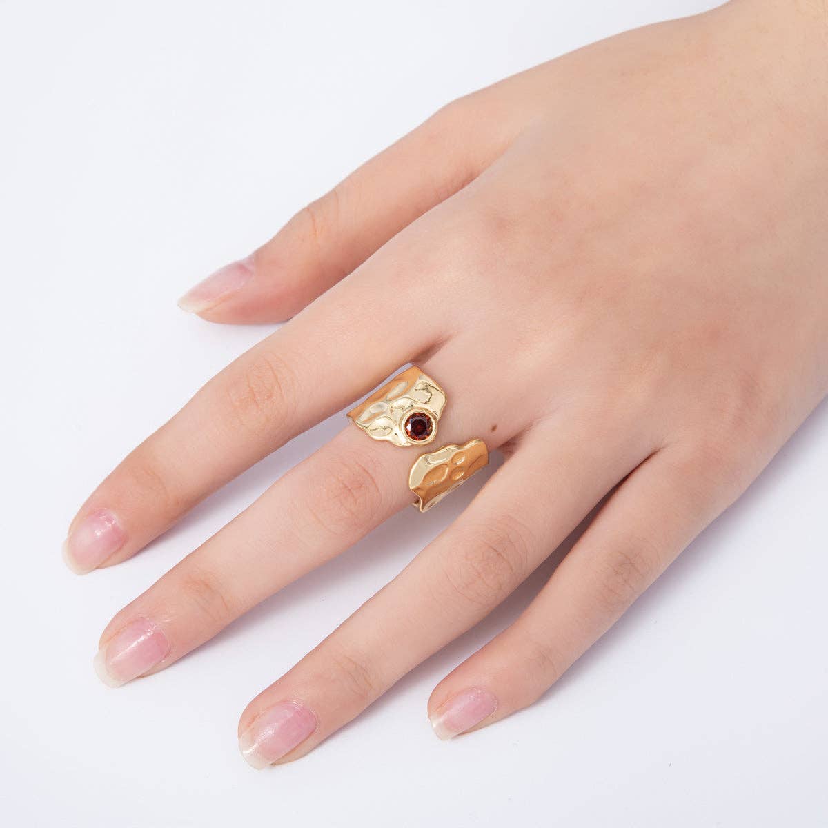 Aim Eternal - 16K Gold Filled Red CZ Hammered Wide Wrap Ring | Rings-00034