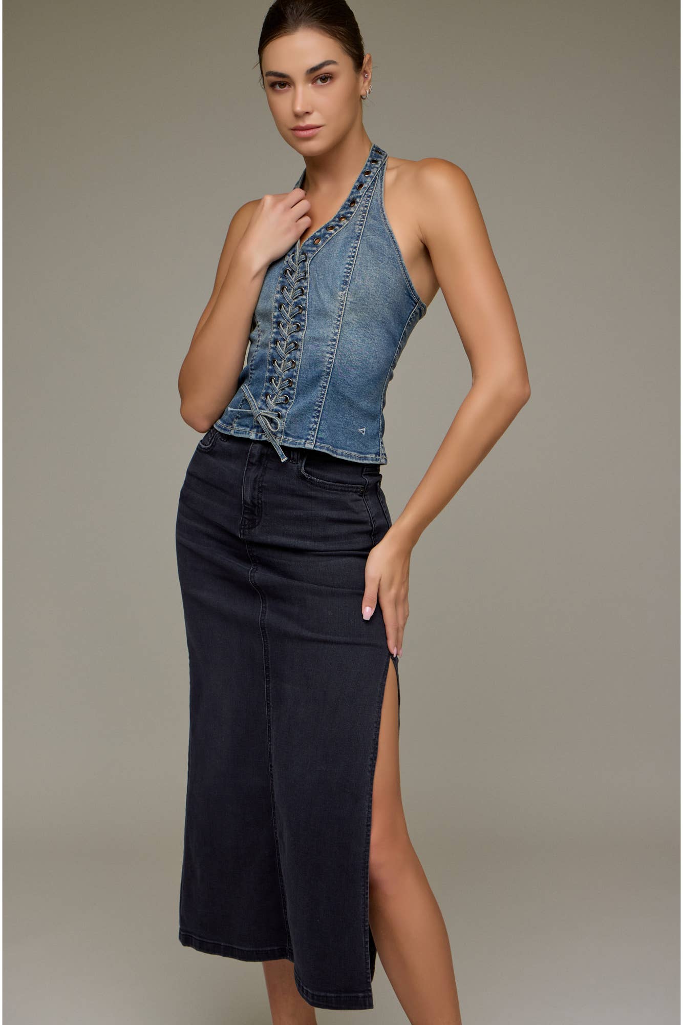 Hidden Jeans - Black Side Slit Stretch Midi Skirt