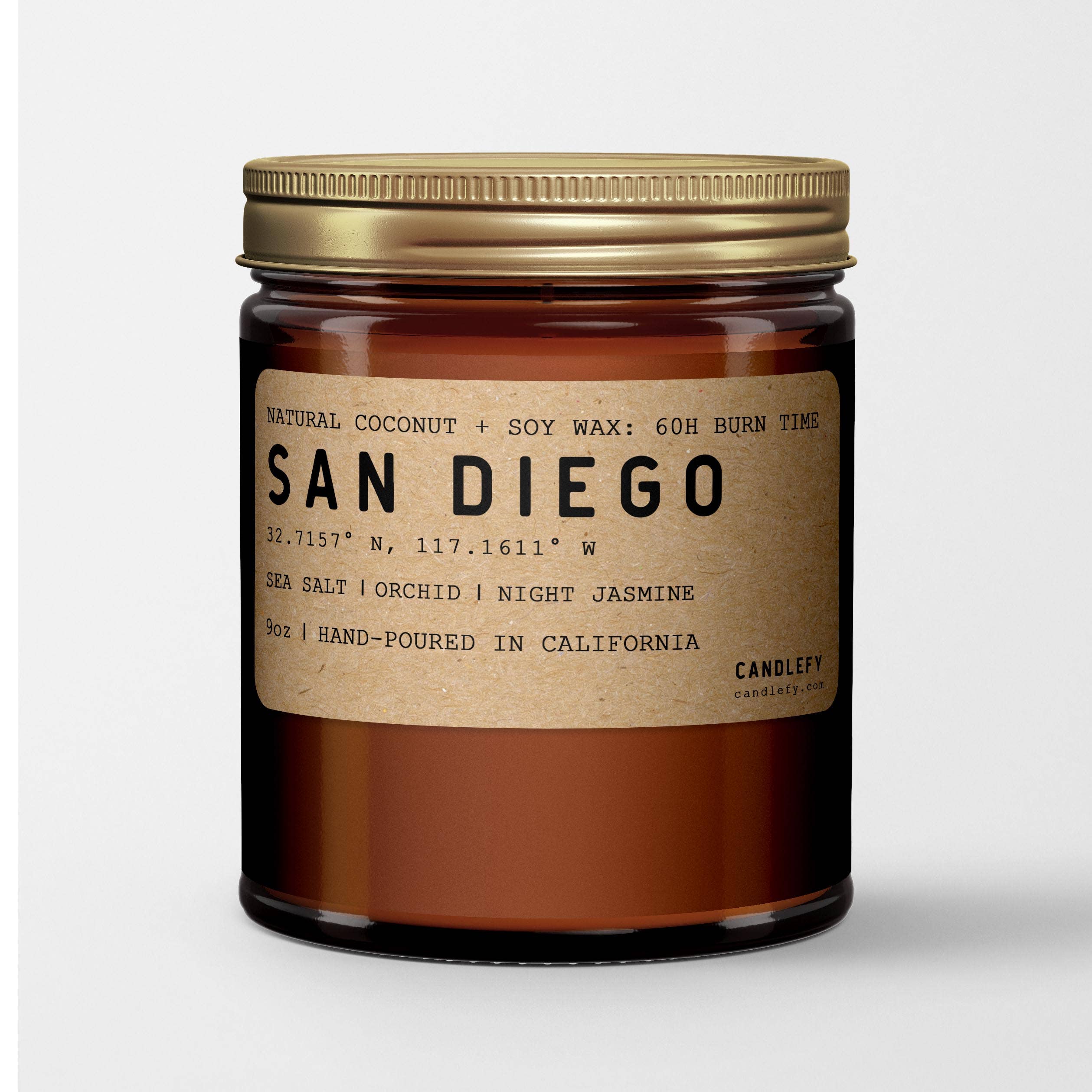 Candlefy - San Diego California Scented Candle, Amber Glass Natural Wax