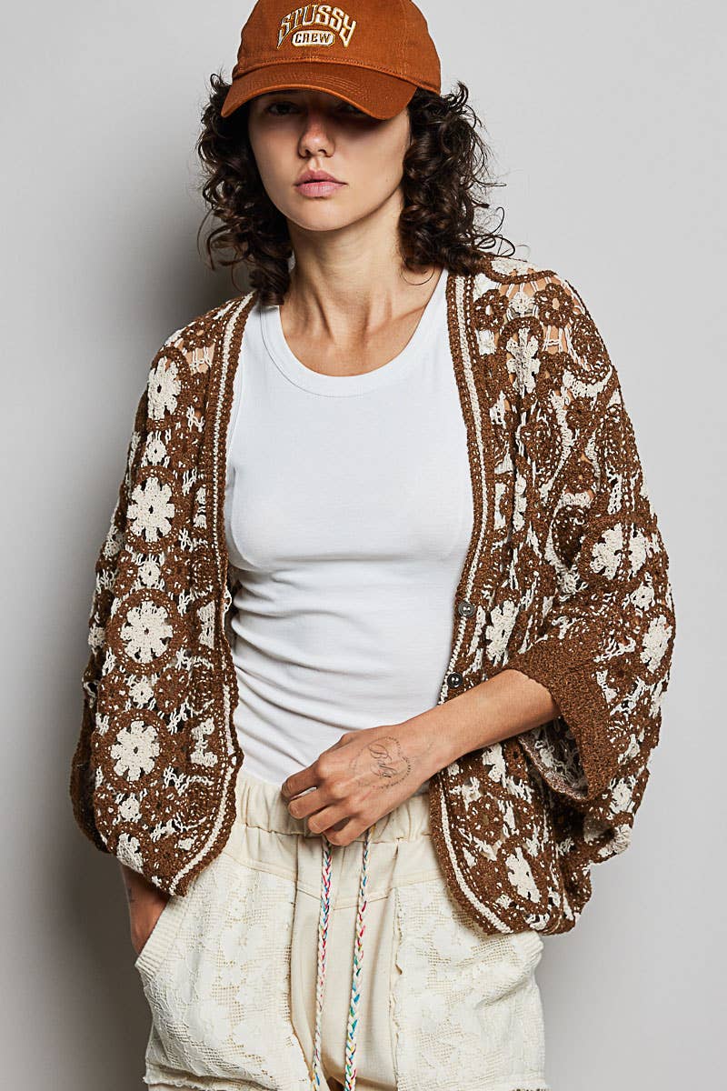 Pol Clothing - V-Neck Button Down Crochet Batwing Sleeve Cardigan Top