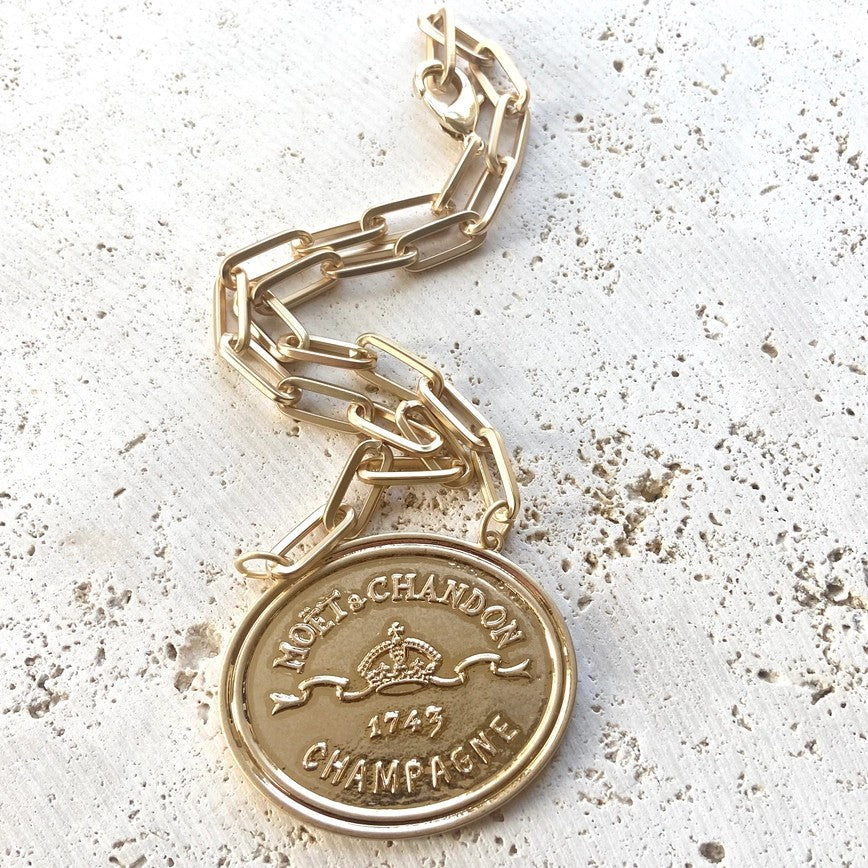 French coin, champagne label statement necklace