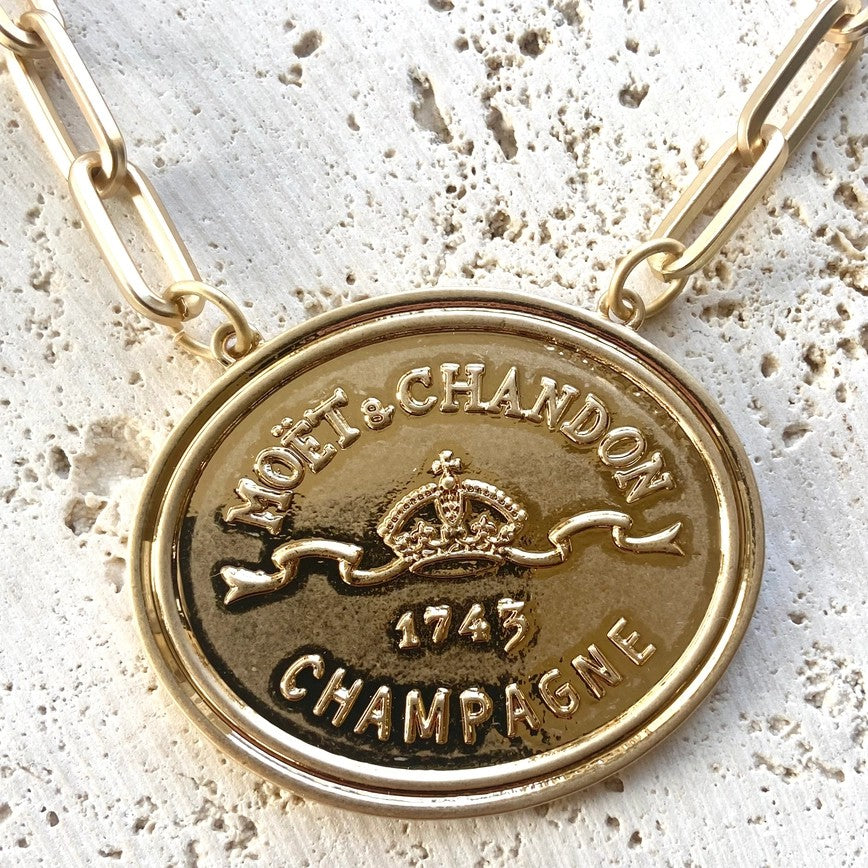 French coin, champagne label statement necklace
