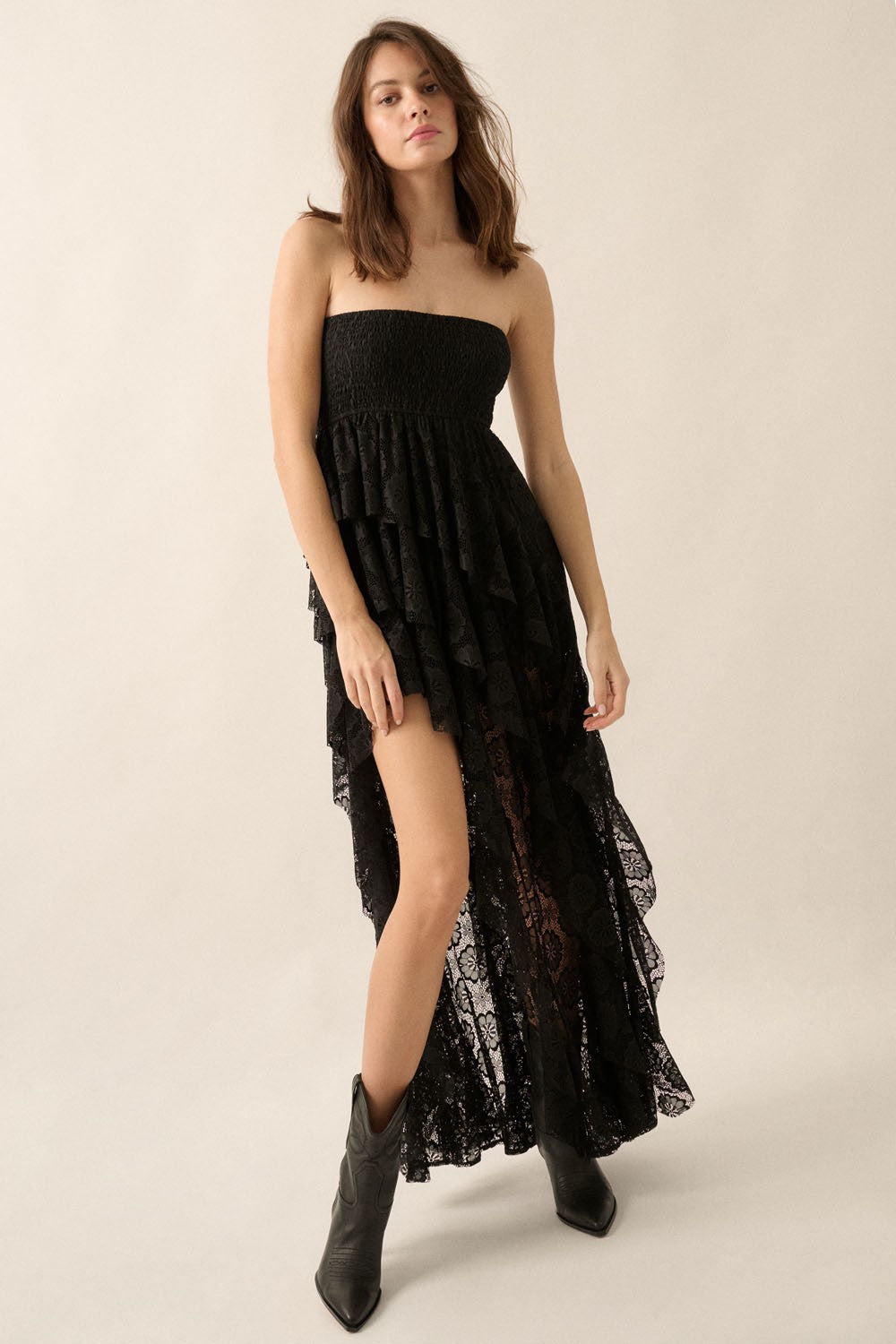 Strapless Ruffled High-low Maxi Dress