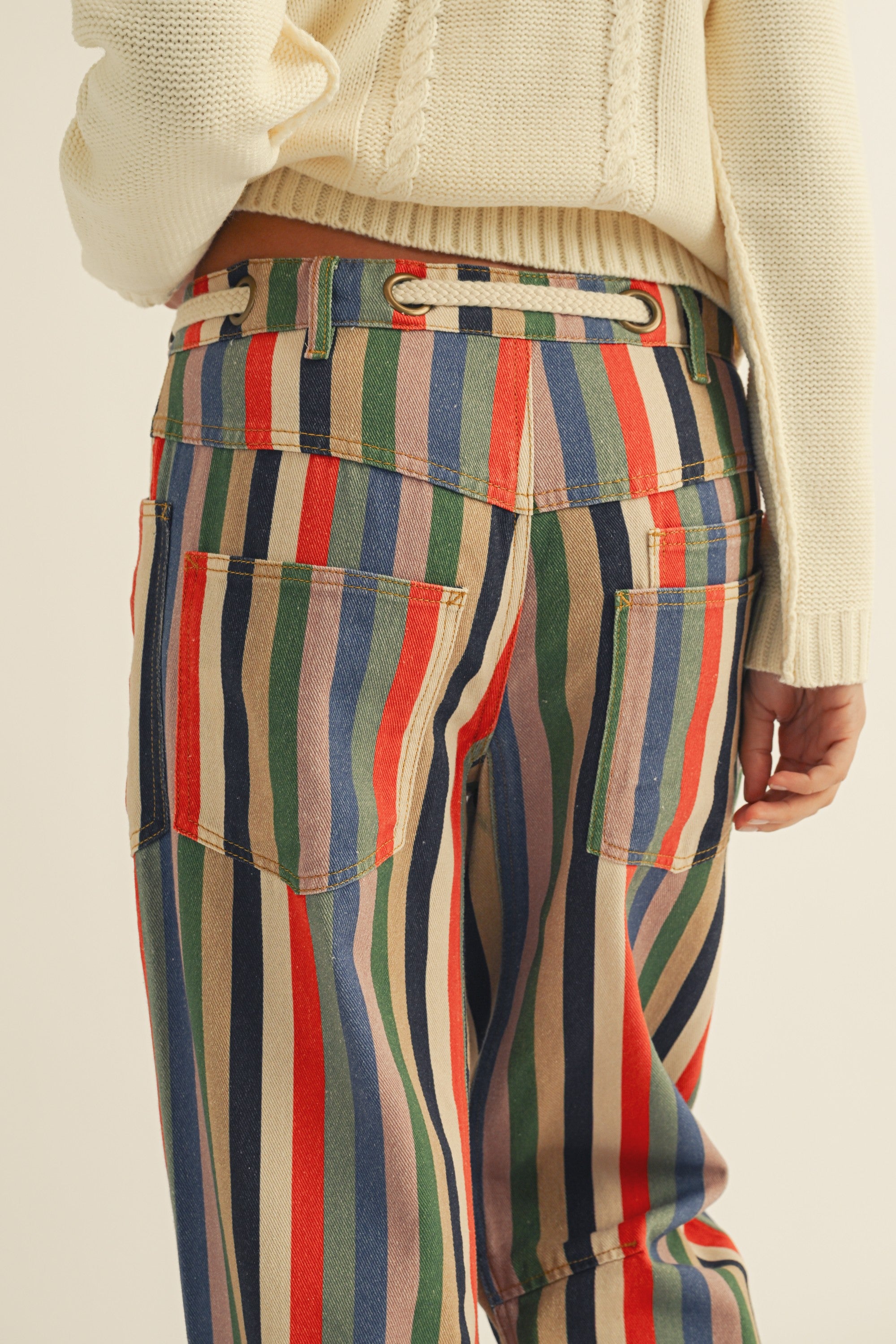 Washed Multi Stripes Rope String Pants