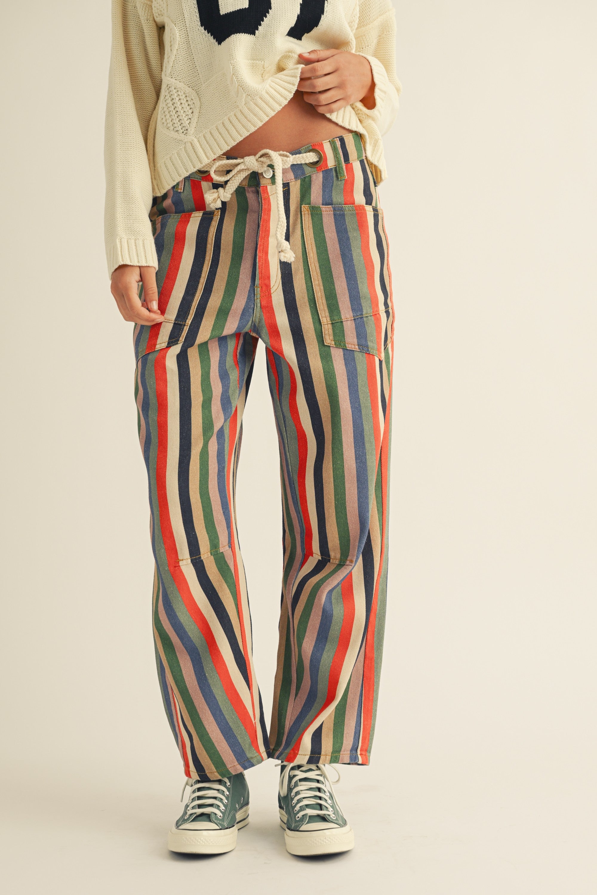 Washed Multi Stripes Rope String Pants