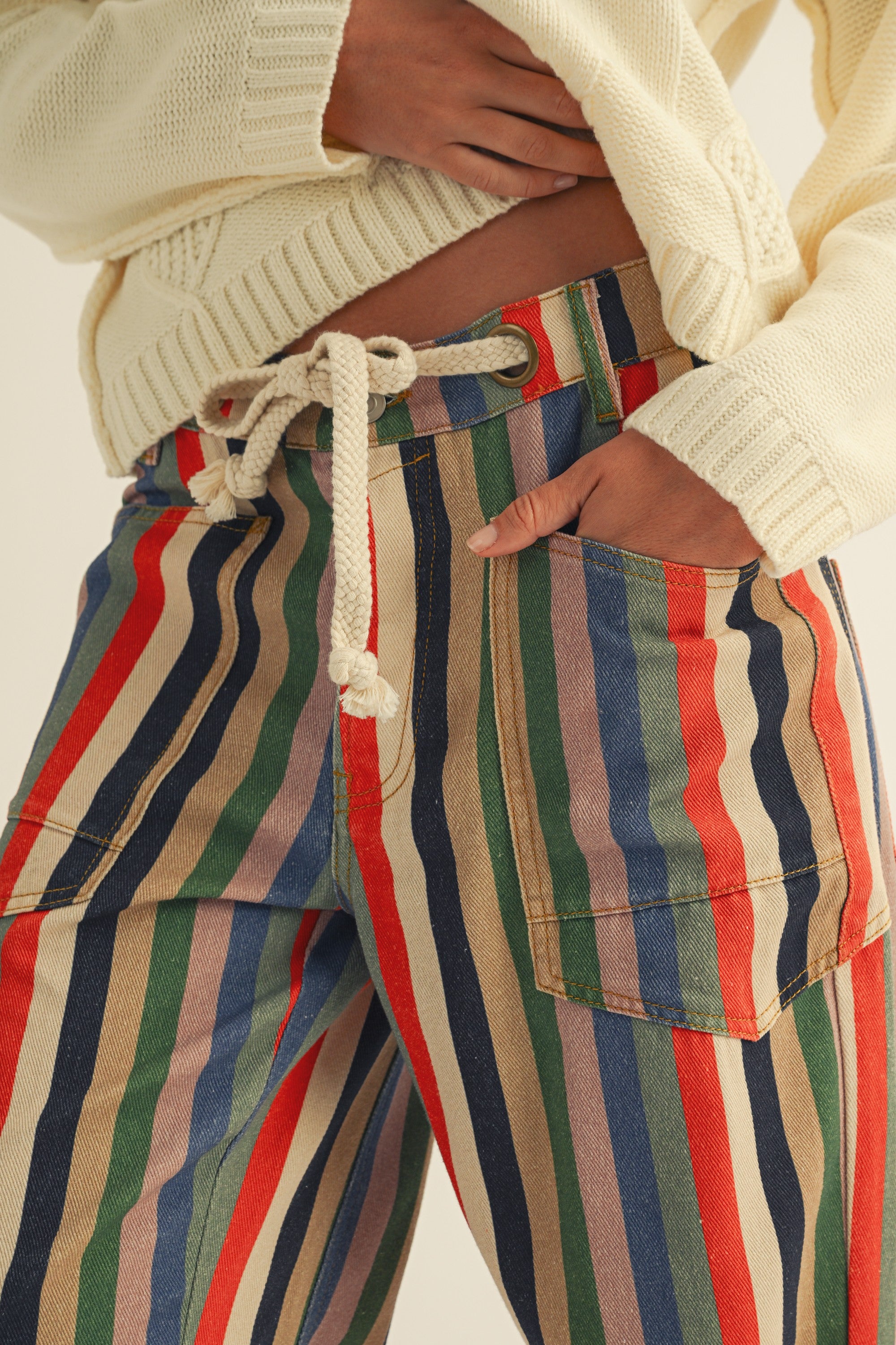 Washed Multi Stripes Rope String Pants
