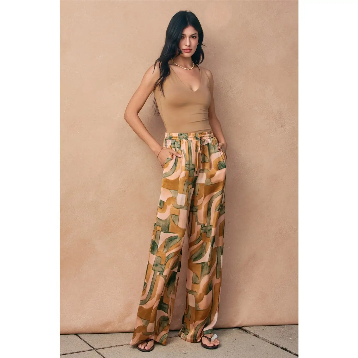 Abstract Drawstring Wide Leg Pants