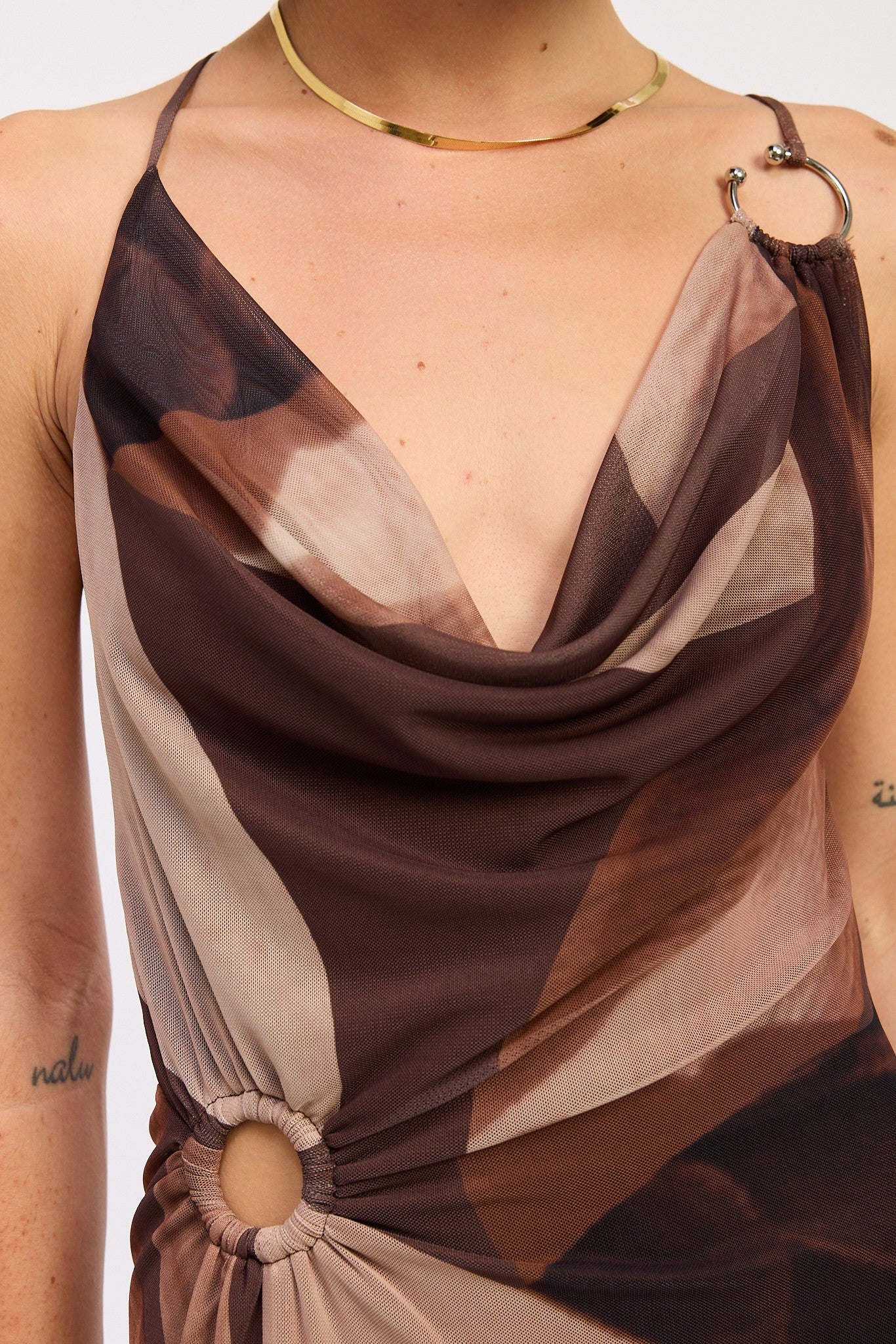 Cowl Neck Mesh Crossback Tie Maxi Dress