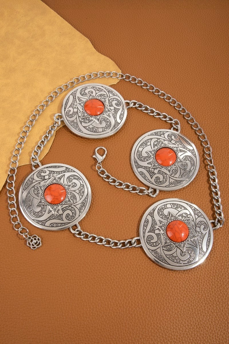 Stone Stud Western Engraved Disc Chain Belt