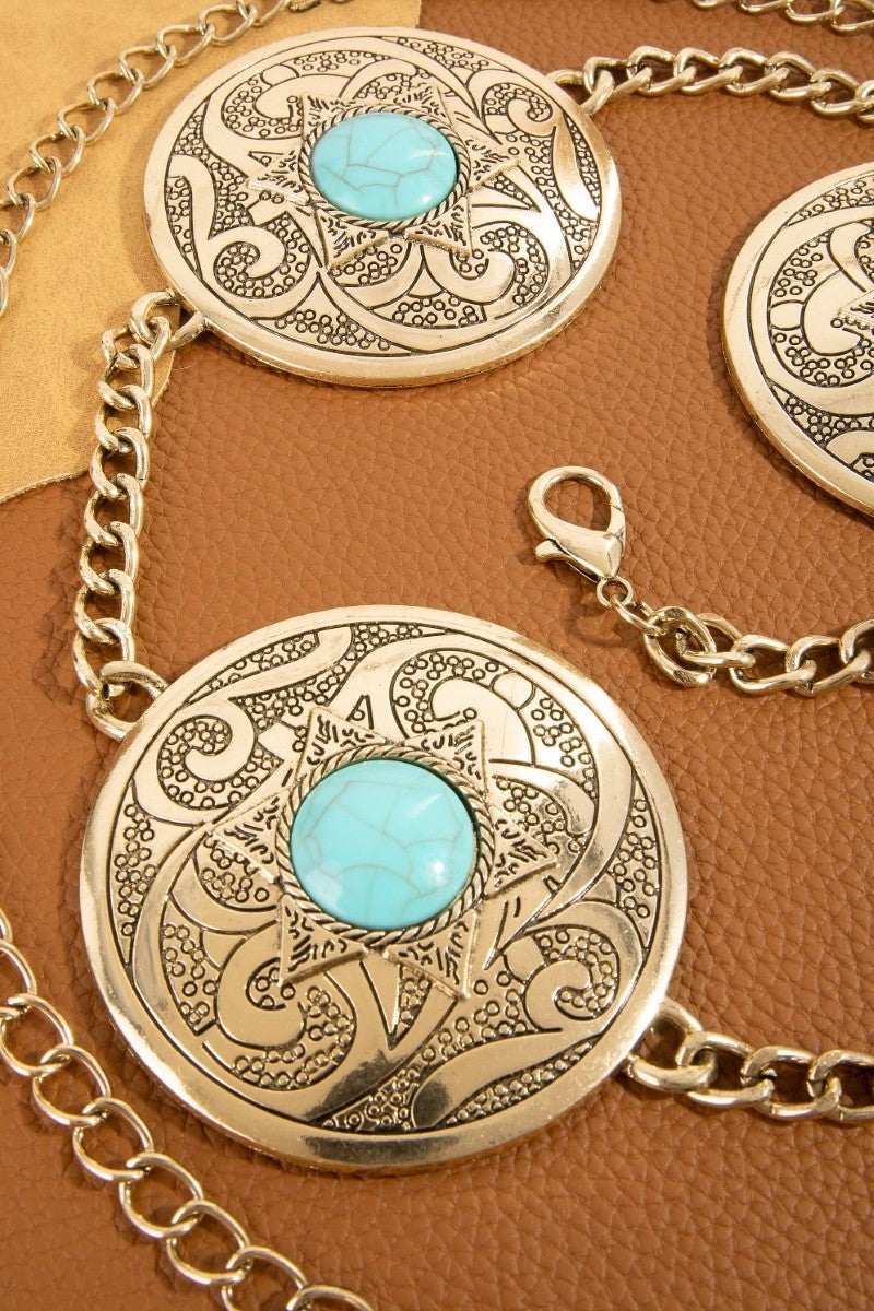 Stone Stud Western Engraved Disc Chain Belt