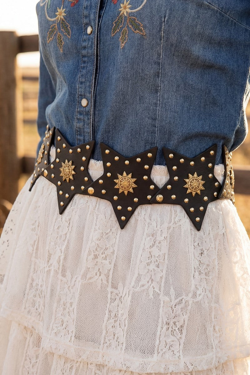 Studded Stars Western Link Vegan Leather Belt