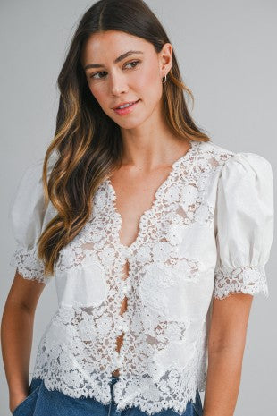V Neckline Puff Sleeve Button Down Blouse