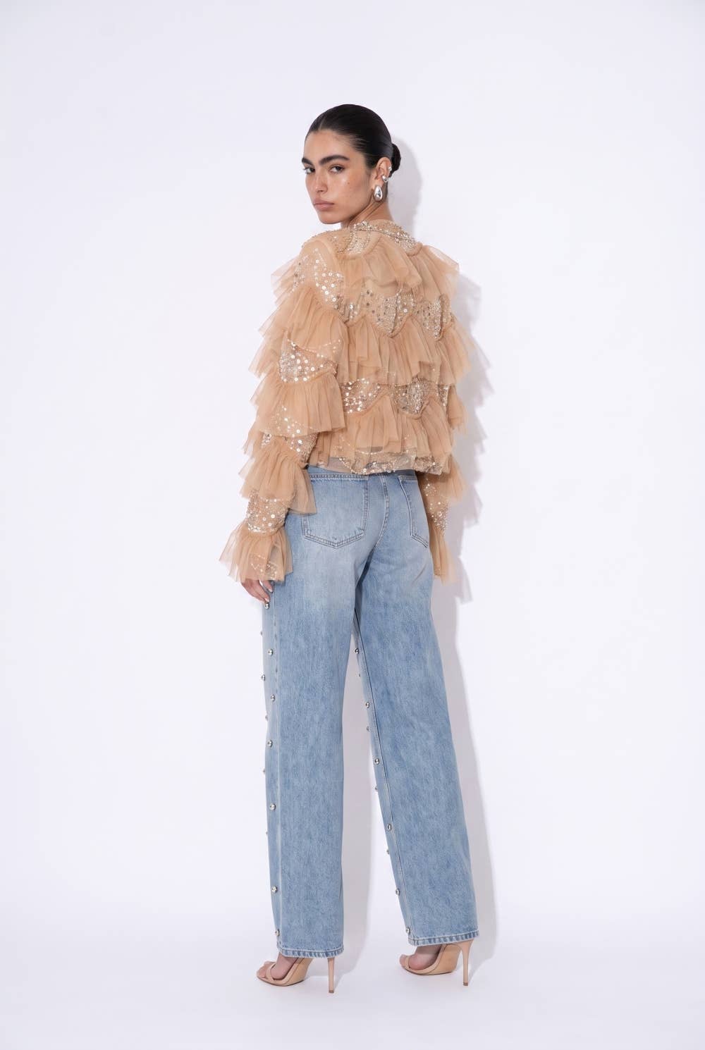Beulah Style - Embellished Tiered Ruffle Mesh Jacket