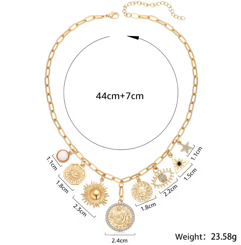 HoopLa - Celestial Coin and Charm Necklace Moon and Sun Charms