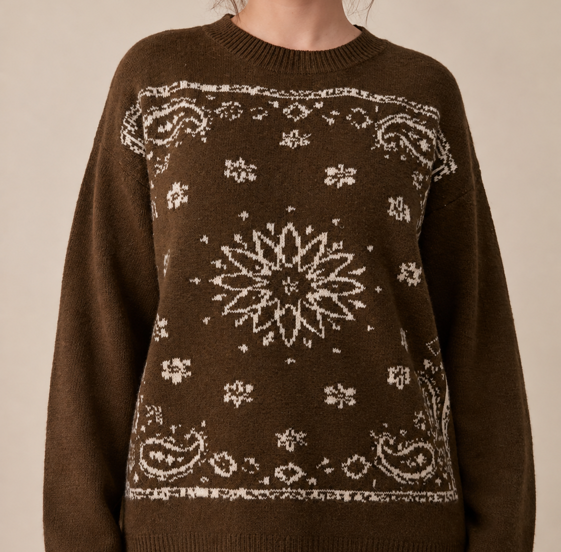 SPICE ALLEY - SA10162T - Western Bandana Jacquard Crewneck Sweater