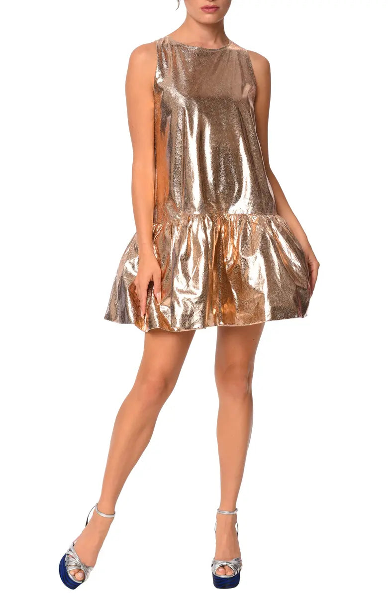 CIEBON Claira Metallic Ruffle Hem Minidress in Gold at Nordstrom, Size Small