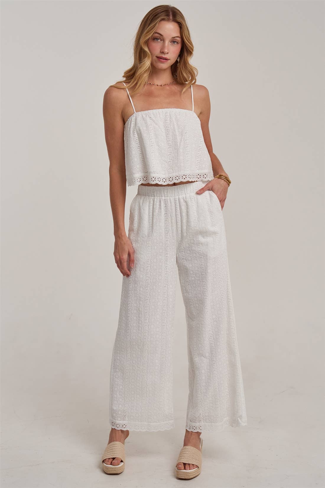 BON - EYELET LACE CROPPED CAMI TOP AND WIDE LEG PANTS SUMMER SET
