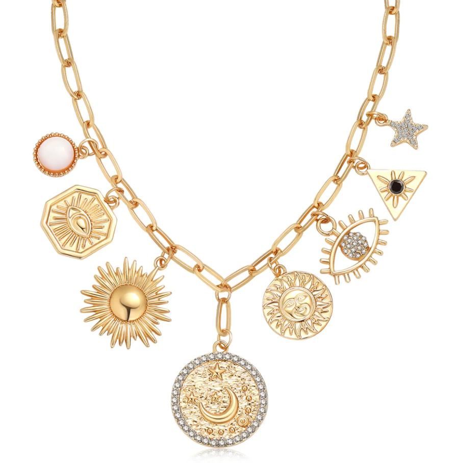 HoopLa - Celestial Coin and Charm Necklace Moon and Sun Charms